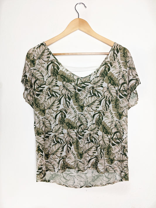 Hallhuber, Shirt, Kurzarm mit Blätterdruck, T-Shirt mit Schnürung, Grün, Gr. 40