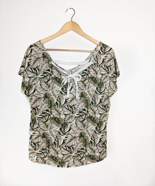 Hallhuber, Shirt, Kurzarm mit Blätterdruck, T-Shirt mit Schnürung, Grün, Gr. 40